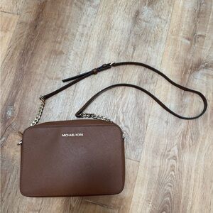 Michael Kors Brown Leather Crossbody Camera Bag with Gold Hardware
